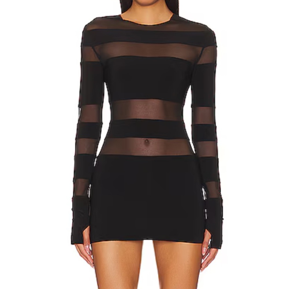 Norma Kamali Black Sheer Stripe Long Sleeve Dress